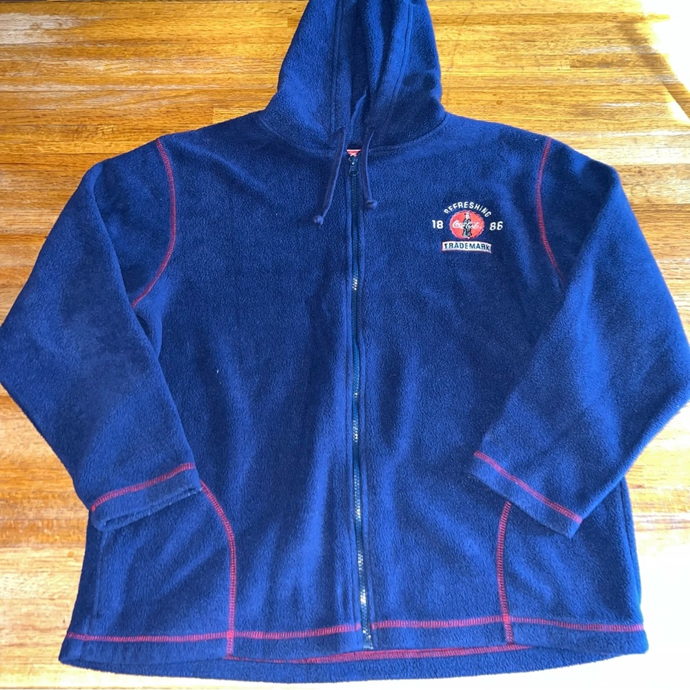 1886 Trademark Coca Cola Women Large Navy Fleece Full Zip Hooded Soda Jacket‎